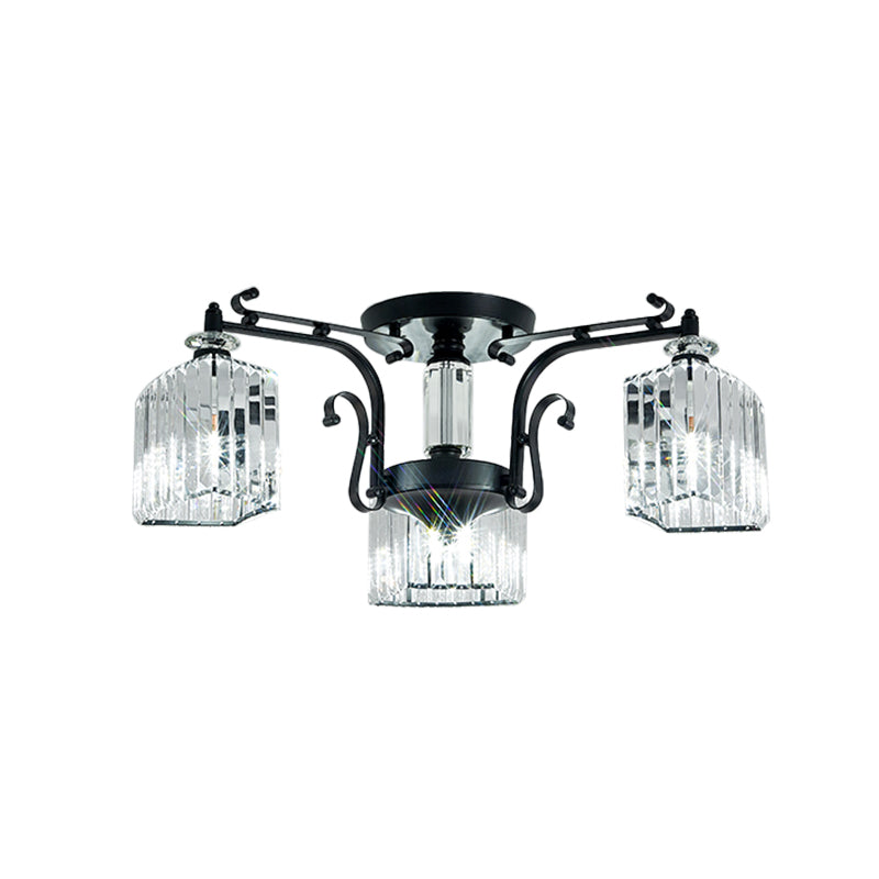 3 Bulbs Scrolling Arm Semi Flush Mount Modern Black Metal Ceiling Lamp with Clear Cubic Shade Clearhalo 'Ceiling Lights' 'Close To Ceiling Lights' 'Close to ceiling' 'Semi-flushmount' Lighting' 1432830