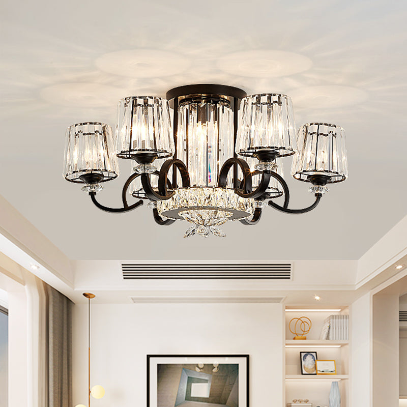 Clear Crystal Barrel Shade Ceiling Flush Mount Contemporary 8 Heads Bedchamber Semi Flush in Black Black Clearhalo 'Ceiling Lights' 'Close To Ceiling Lights' 'Close to ceiling' 'Semi-flushmount' Lighting' 1432832