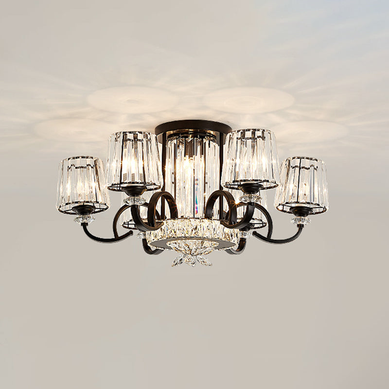 Clear Crystal Barrel Shade Ceiling Flush Mount Contemporary 8 Heads Bedchamber Semi Flush in Black Clearhalo 'Ceiling Lights' 'Close To Ceiling Lights' 'Close to ceiling' 'Semi-flushmount' Lighting' 1432834