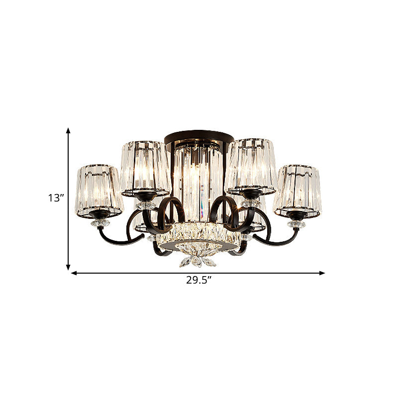 Clear Crystal Barrel Shade Ceiling Flush Mount Contemporary 8 Heads Bedchamber Semi Flush in Black Clearhalo 'Ceiling Lights' 'Close To Ceiling Lights' 'Close to ceiling' 'Semi-flushmount' Lighting' 1432835