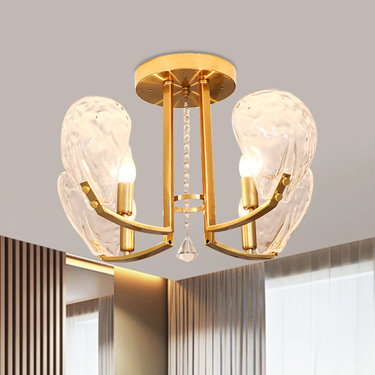 4 Bulbs Metal Semi Mount Lighting Contemporary Gold Candle Sleeping Room Ceiling Flush with Crystal Petal Shade Clearhalo 'Ceiling Lights' 'Close To Ceiling Lights' 'Close to ceiling' 'Semi-flushmount' Lighting' 1432841