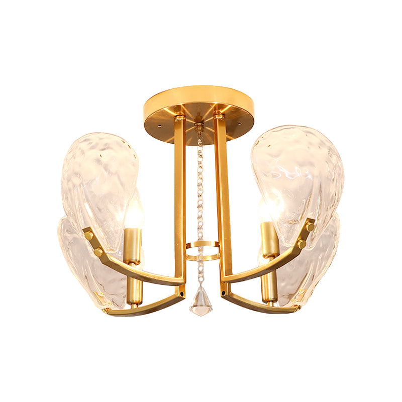 4 Bulbs Metal Semi Mount Lighting Contemporary Gold Candle Sleeping Room Ceiling Flush with Crystal Petal Shade Clearhalo 'Ceiling Lights' 'Close To Ceiling Lights' 'Close to ceiling' 'Semi-flushmount' Lighting' 1432842