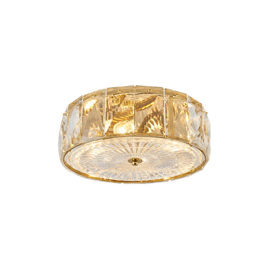 Gold LED Flush Mount Lamp Modern Faceted Crystal Panels Drum Close to Ceiling Light for Bedroom Clearhalo 'Ceiling Lights' 'Close To Ceiling Lights' 'Close to ceiling' 'Flush mount' Lighting' 1432870