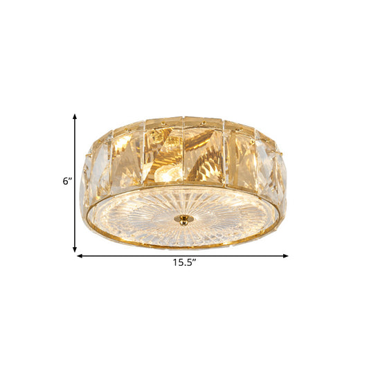 Gold LED Flush Mount Lamp Modern Faceted Crystal Panels Drum Close to Ceiling Light for Bedroom Clearhalo 'Ceiling Lights' 'Close To Ceiling Lights' 'Close to ceiling' 'Flush mount' Lighting' 1432871