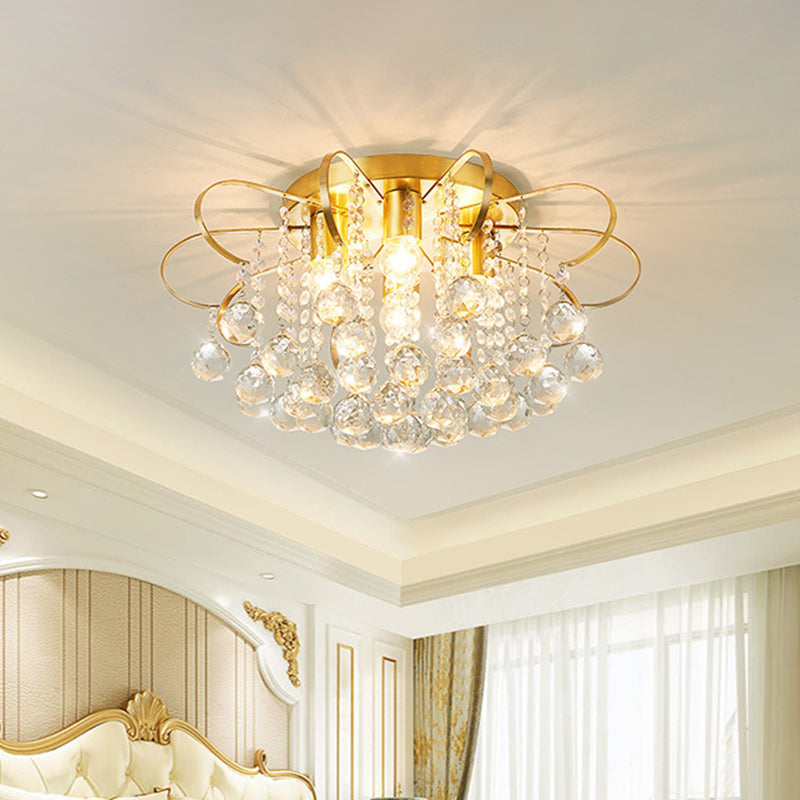 4 Heads Swirled Arm Semi Flush Light Contemporary Gold Metal Ceiling Lamp with Clear Crystal Orbs and Rods Clearhalo 'Ceiling Lights' 'Close To Ceiling Lights' 'Close to ceiling' 'Semi-flushmount' Lighting' 1432873