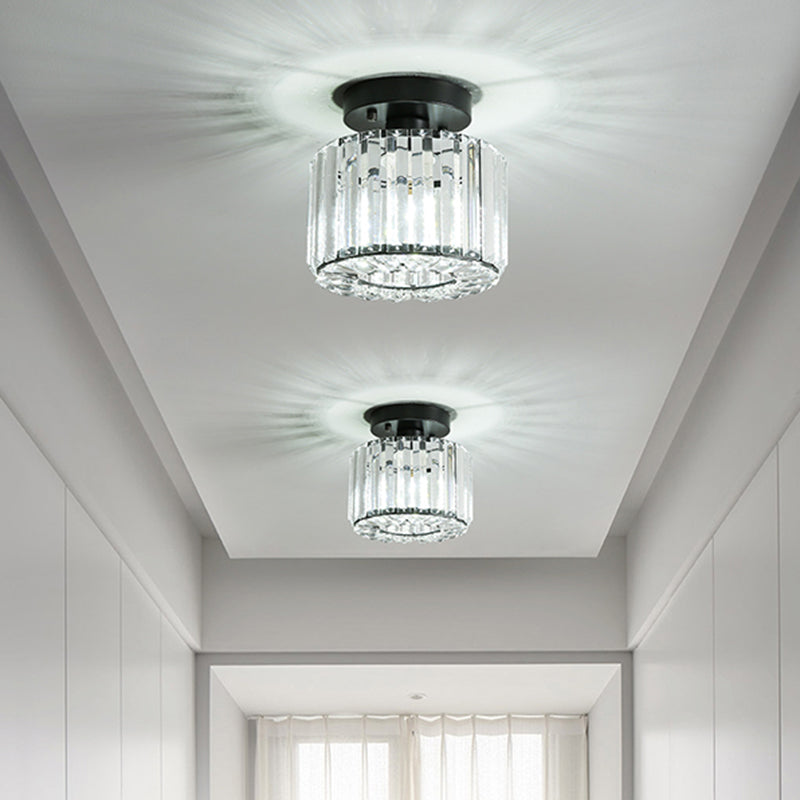 Round/Square Shade Porch Flush Light Fixture Modern Clear Faceted Crystals 1 Head Black Canopy Ceiling Lamp Clearhalo 'Ceiling Lights' 'Close To Ceiling Lights' 'Close to ceiling' 'Flush mount' Lighting' 1432903