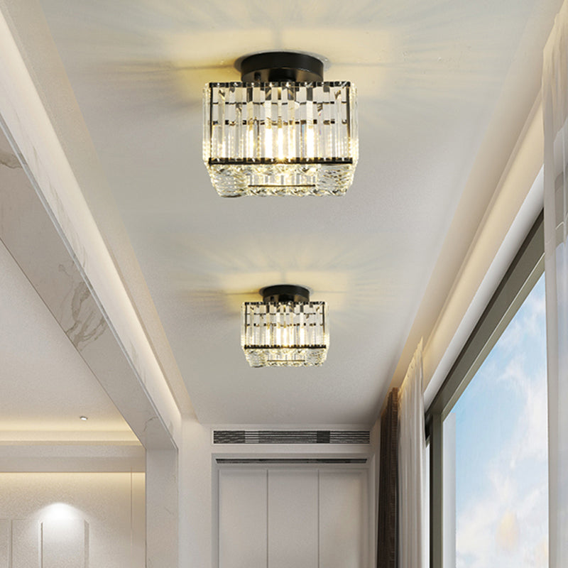 Round/Square Shade Porch Flush Light Fixture Modern Clear Faceted Crystals 1 Head Black Canopy Ceiling Lamp Clearhalo 'Ceiling Lights' 'Close To Ceiling Lights' 'Close to ceiling' 'Flush mount' Lighting' 1432907