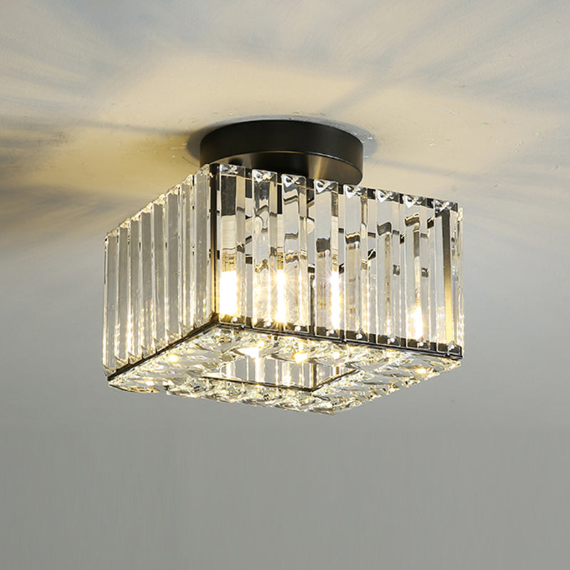 Round/Square Shade Porch Flush Light Fixture Modern Clear Faceted Crystals 1 Head Black Canopy Ceiling Lamp Clearhalo 'Ceiling Lights' 'Close To Ceiling Lights' 'Close to ceiling' 'Flush mount' Lighting' 1432909