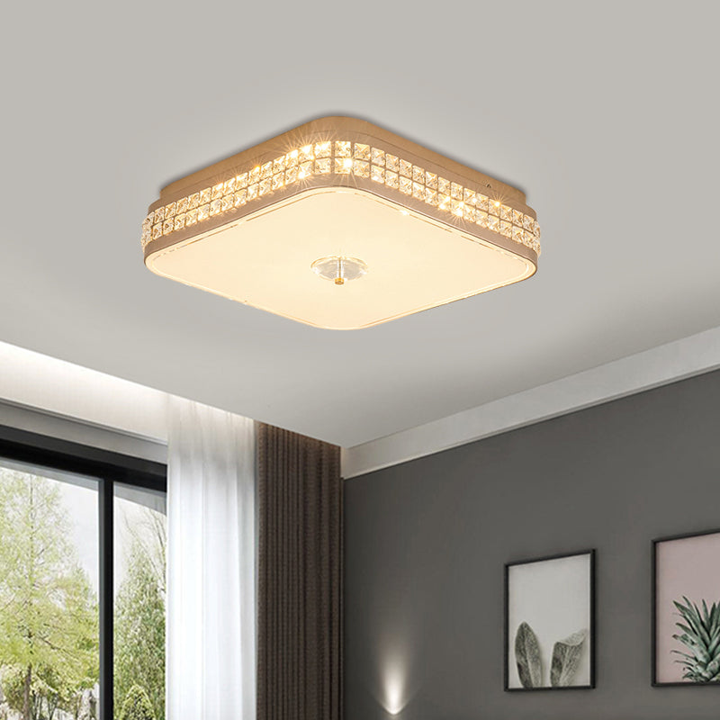 Champagne Square/Peach Blossom Flush Light Contemporary Faceted Crystals Great Room LED Ceiling Lamp, 15.5"/16.5"/19.5" W
