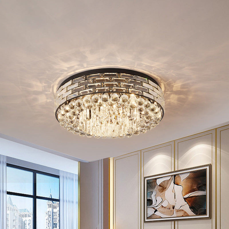7/9 Bulbs Drum Ceiling Mounted Light Modern Black Canopy Clear Crystal Draping Flushmount Lighting, 19.5"/23.5" Wide Black Clearhalo 'Ceiling Lights' 'Close To Ceiling Lights' 'Close to ceiling' 'Flush mount' Lighting' 1433030