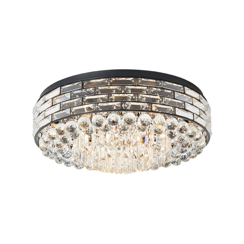 7/9 Bulbs Drum Ceiling Mounted Light Modern Black Canopy Clear Crystal Draping Flushmount Lighting, 19.5"/23.5" Wide Clearhalo 'Ceiling Lights' 'Close To Ceiling Lights' 'Close to ceiling' 'Flush mount' Lighting' 1433032