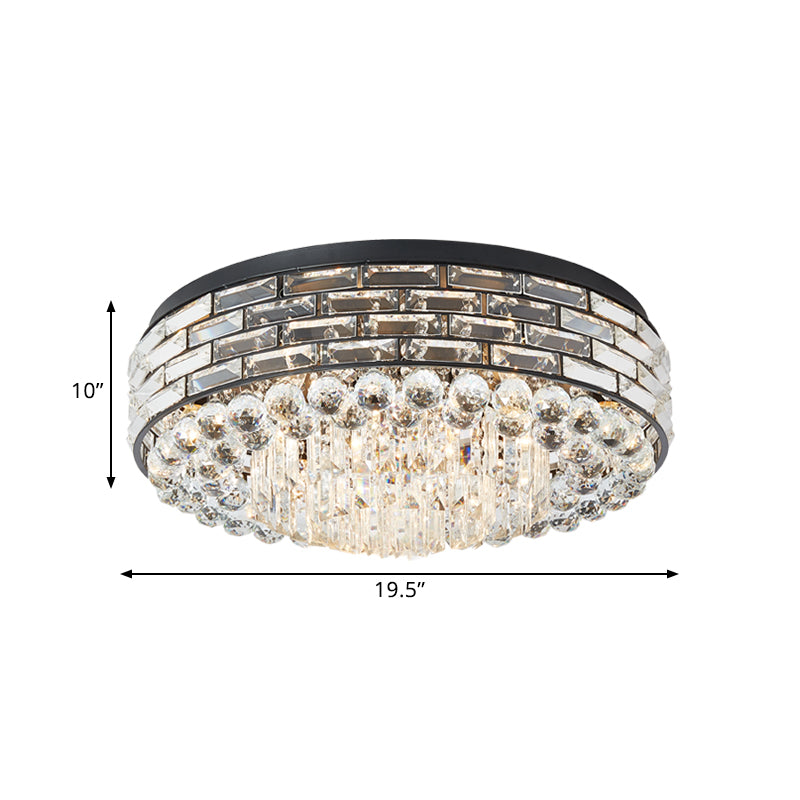 7/9 Bulbs Drum Ceiling Mounted Light Modern Black Canopy Clear Crystal Draping Flushmount Lighting, 19.5"/23.5" Wide Clearhalo 'Ceiling Lights' 'Close To Ceiling Lights' 'Close to ceiling' 'Flush mount' Lighting' 1433033
