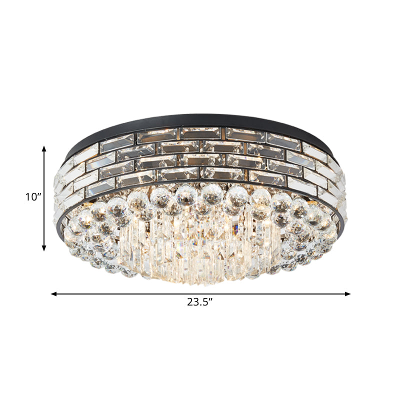 7/9 Bulbs Drum Ceiling Mounted Light Modern Black Canopy Clear Crystal Draping Flushmount Lighting, 19.5"/23.5" Wide Clearhalo 'Ceiling Lights' 'Close To Ceiling Lights' 'Close to ceiling' 'Flush mount' Lighting' 1433034