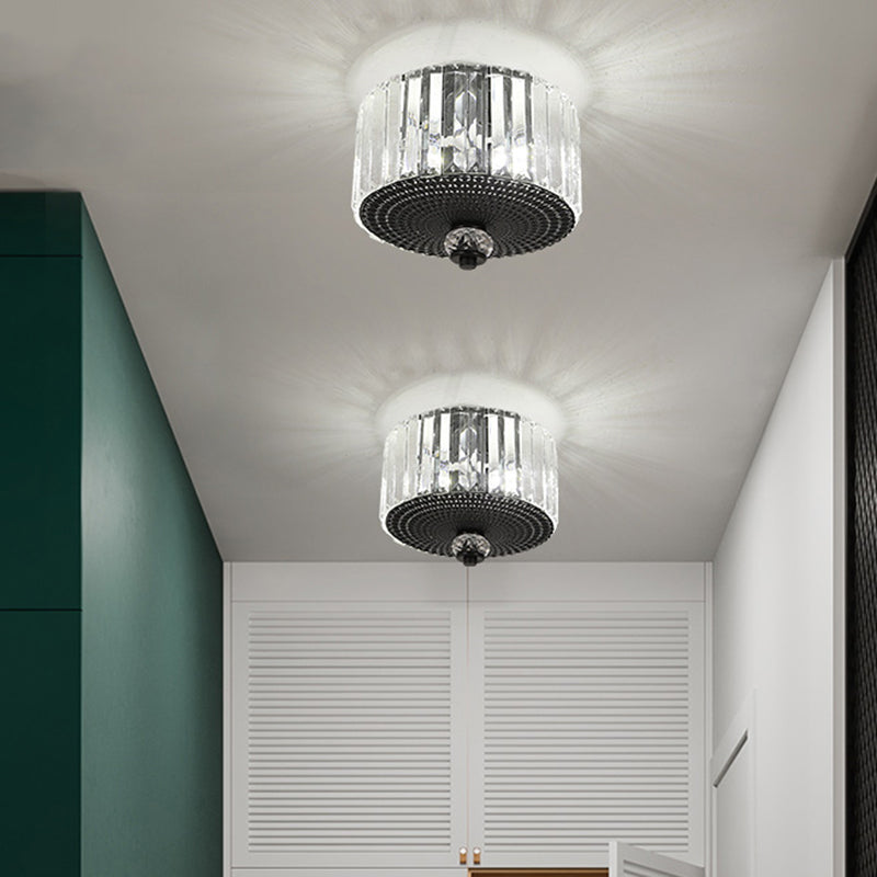 2 Heads Flush Light Fixture with Round/Square Shade Clear Crystal Modern Corridor Ceiling Mount in Black Black Round Clearhalo 'Ceiling Lights' 'Close To Ceiling Lights' 'Close to ceiling' 'Flush mount' Lighting' 1433350