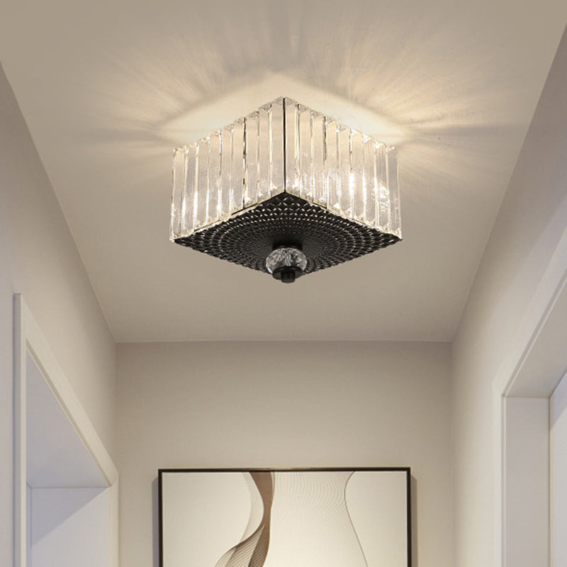 2 Heads Flush Light Fixture with Round/Square Shade Clear Crystal Modern Corridor Ceiling Mount in Black Black Square Plate Clearhalo 'Ceiling Lights' 'Close To Ceiling Lights' 'Close to ceiling' 'Flush mount' Lighting' 1433354