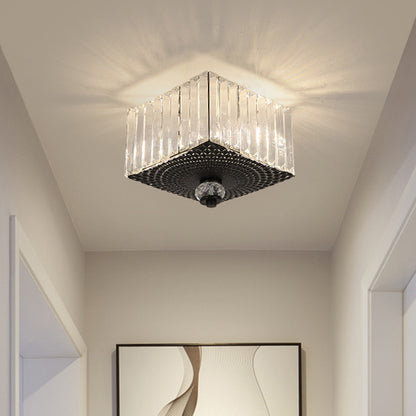 2 Heads Flush Light Fixture with Round/Square Shade Clear Crystal Modern Corridor Ceiling Mount in Black Black Square Plate Clearhalo 'Ceiling Lights' 'Close To Ceiling Lights' 'Close to ceiling' 'Flush mount' Lighting' 1433354