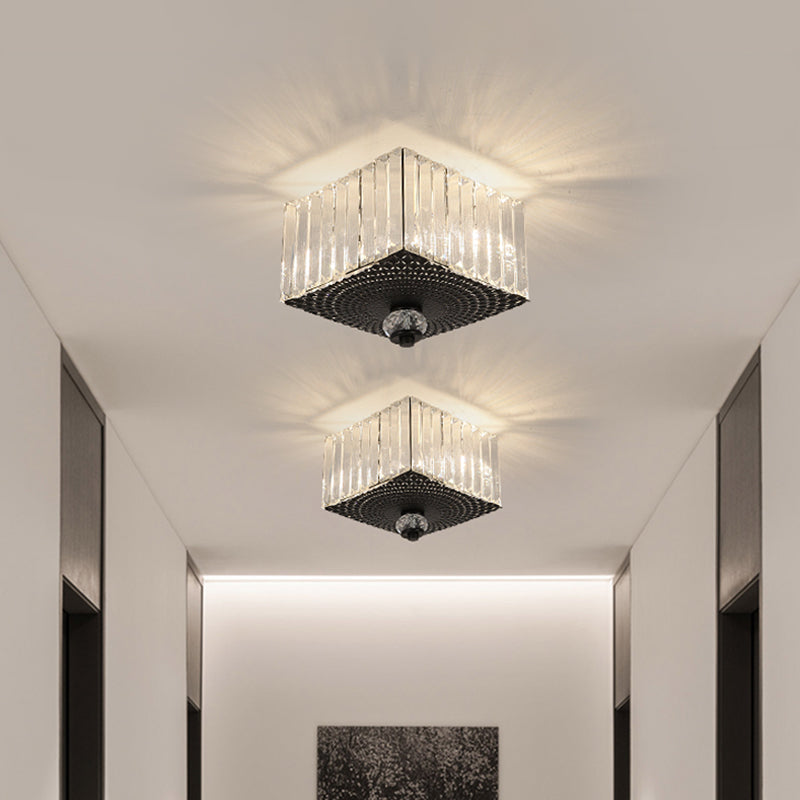 2 Heads Flush Light Fixture with Round/Square Shade Clear Crystal Modern Corridor Ceiling Mount in Black Clearhalo 'Ceiling Lights' 'Close To Ceiling Lights' 'Close to ceiling' 'Flush mount' Lighting' 1433356