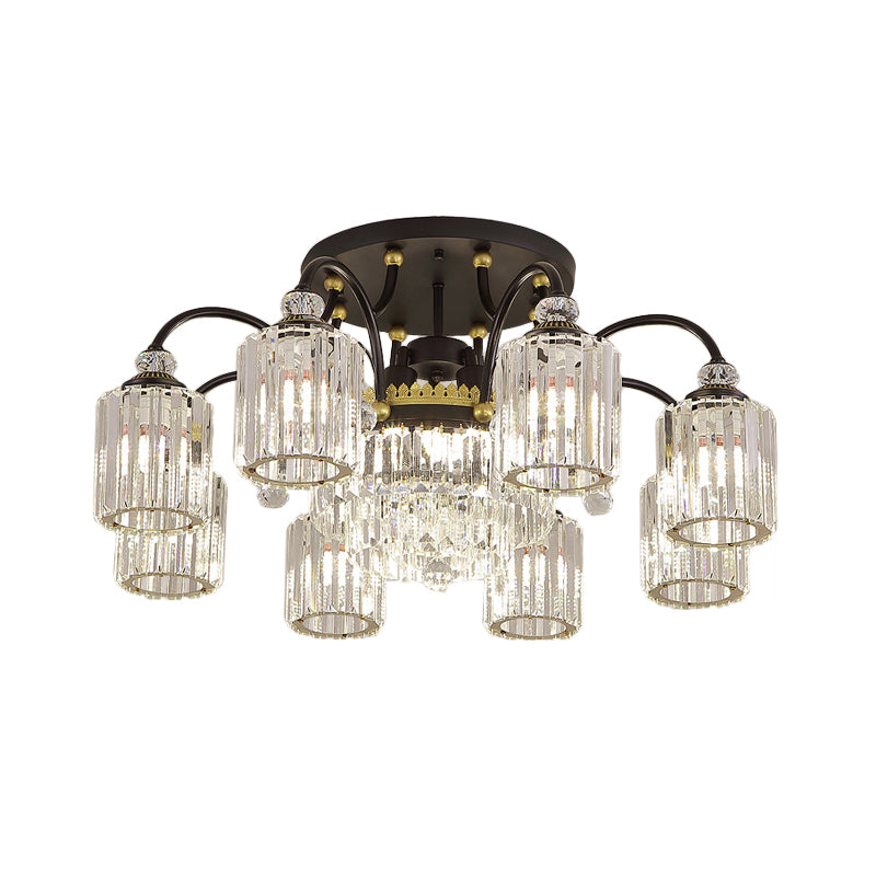 Contemporary Cylindrical Semi Flush 6/11 Heads Clear Crystal Ceiling Lighting Fixture with Black Scroll Arms