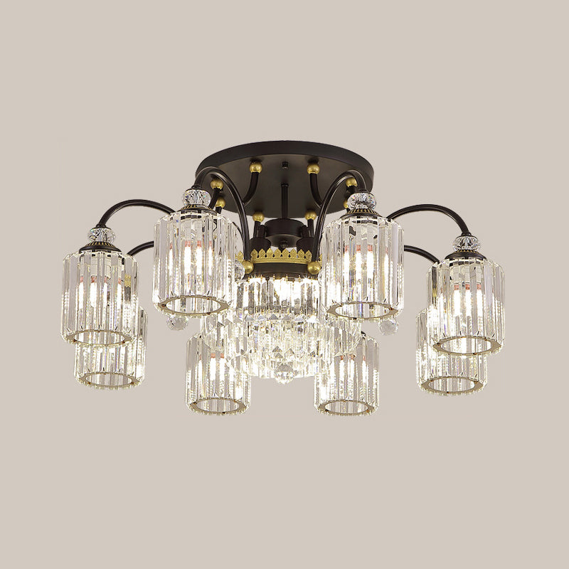 Contemporary Cylindrical Semi Flush 6/11 Heads Clear Crystal Ceiling Lighting Fixture with Black Scroll Arms