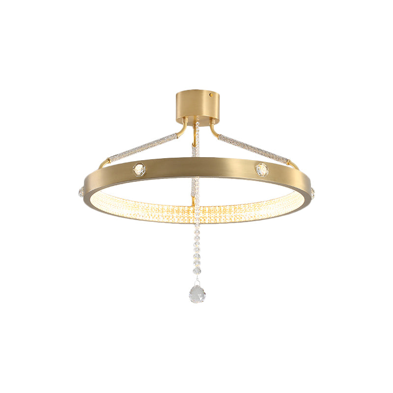 19.5"/15.5" Wide LED Semi Flush Mount Contemporary Ring Metal Ceiling Lighting in Gold with Crystal Strand Clearhalo 'Ceiling Lights' 'Close To Ceiling Lights' 'Close to ceiling' 'Semi-flushmount' Lighting' 1433405