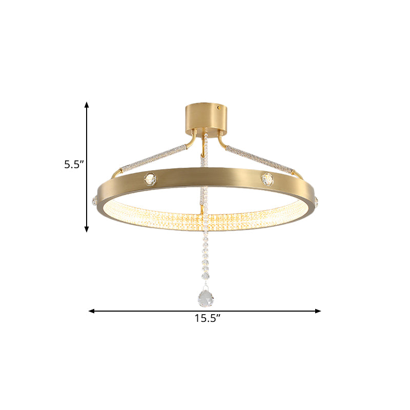 19.5"/15.5" Wide LED Semi Flush Mount Contemporary Ring Metal Ceiling Lighting in Gold with Crystal Strand Clearhalo 'Ceiling Lights' 'Close To Ceiling Lights' 'Close to ceiling' 'Semi-flushmount' Lighting' 1433406
