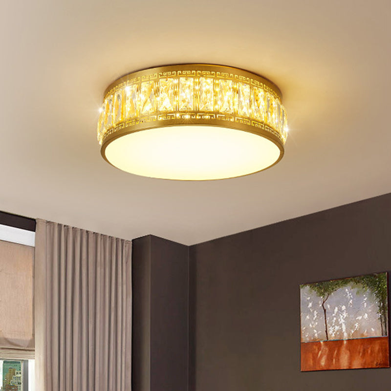 Gold Finish Drum Flush Mount Lamp Modern Clear Rectangular-Cut Crystals LED Bedchamber Light Fixture, 19.5"/23.5" Width