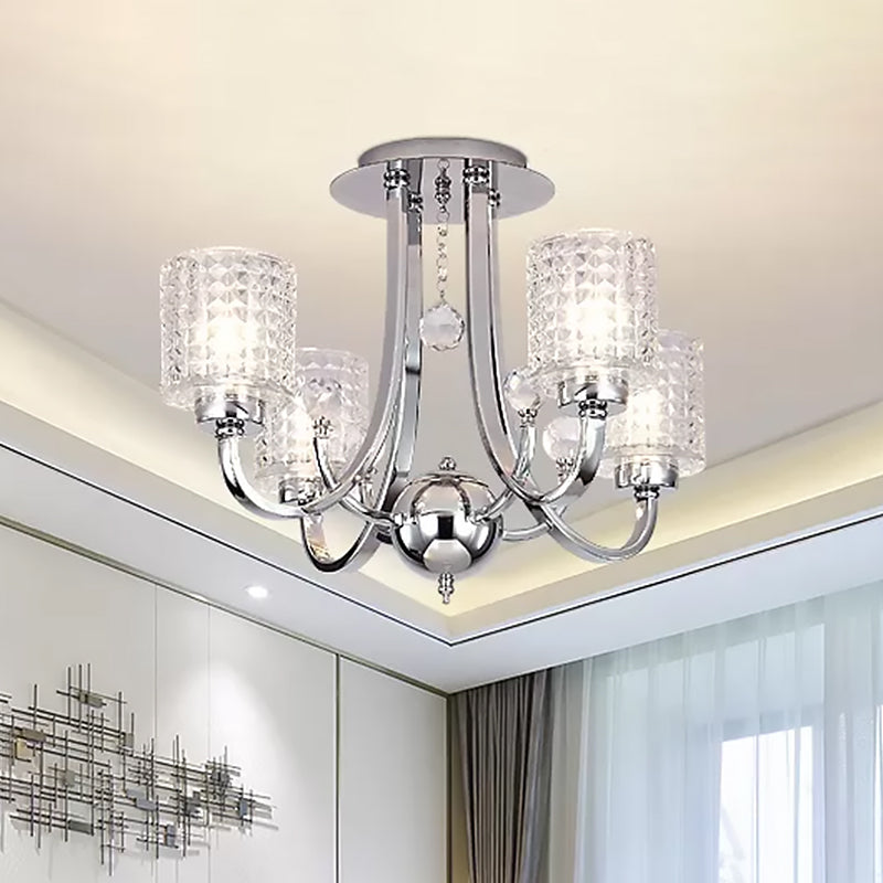 3/4/6 Bulbs Swirling Arm Semi Flush Modern Chrome Metal Ceiling Mounted Fixture with Cylinder Crystal Shade 4 Chrome Clearhalo 'Ceiling Lights' 'Close To Ceiling Lights' 'Close to ceiling' 'Semi-flushmount' Lighting' 1433427