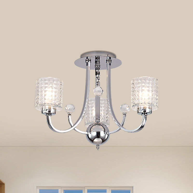 3/4/6 Bulbs Swirling Arm Semi Flush Modern Chrome Metal Ceiling Mounted Fixture with Cylinder Crystal Shade 3 Chrome Clearhalo 'Ceiling Lights' 'Close To Ceiling Lights' 'Close to ceiling' 'Semi-flushmount' Lighting' 1433428