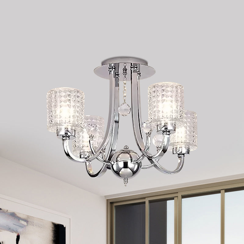 3/4/6 Bulbs Swirling Arm Semi Flush Modern Chrome Metal Ceiling Mounted Fixture with Cylinder Crystal Shade Clearhalo 'Ceiling Lights' 'Close To Ceiling Lights' 'Close to ceiling' 'Semi-flushmount' Lighting' 1433432