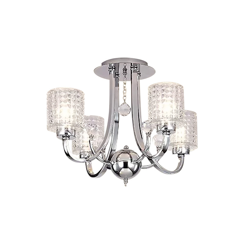 3/4/6 Bulbs Swirling Arm Semi Flush Modern Chrome Metal Ceiling Mounted Fixture with Cylinder Crystal Shade Clearhalo 'Ceiling Lights' 'Close To Ceiling Lights' 'Close to ceiling' 'Semi-flushmount' Lighting' 1433433