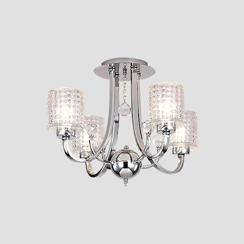 3/4/6 Bulbs Swirling Arm Semi Flush Modern Chrome Metal Ceiling Mounted Fixture with Cylinder Crystal Shade Clearhalo 'Ceiling Lights' 'Close To Ceiling Lights' 'Close to ceiling' 'Semi-flushmount' Lighting' 1433434