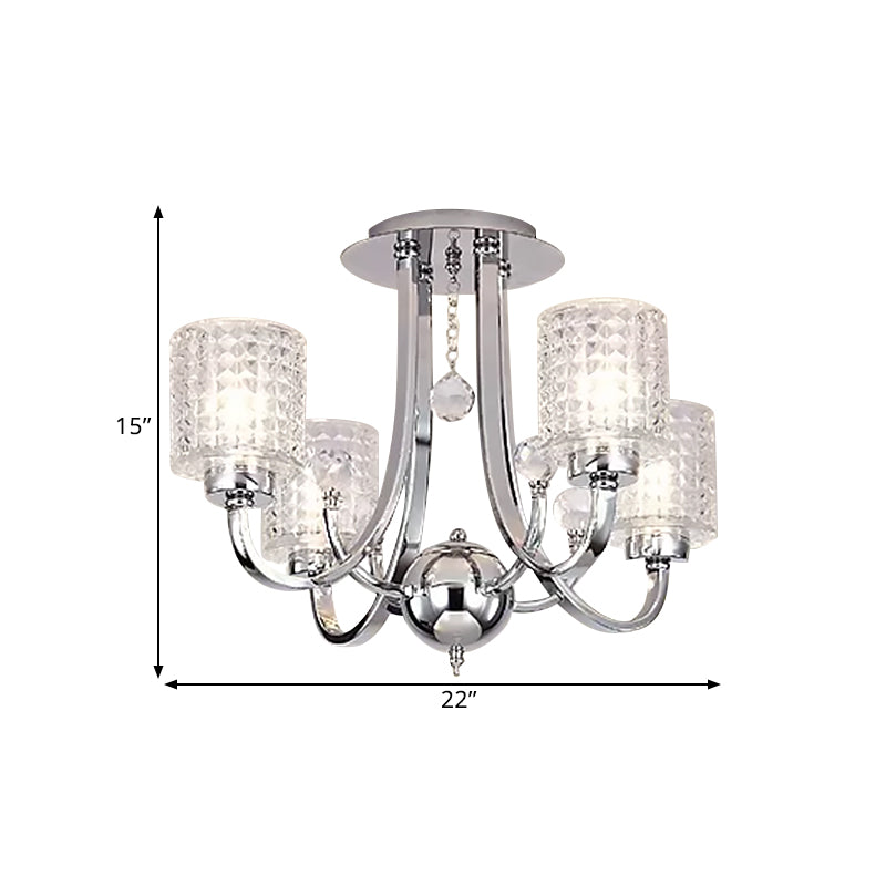 3/4/6 Bulbs Swirling Arm Semi Flush Modern Chrome Metal Ceiling Mounted Fixture with Cylinder Crystal Shade Clearhalo 'Ceiling Lights' 'Close To Ceiling Lights' 'Close to ceiling' 'Semi-flushmount' Lighting' 1433435