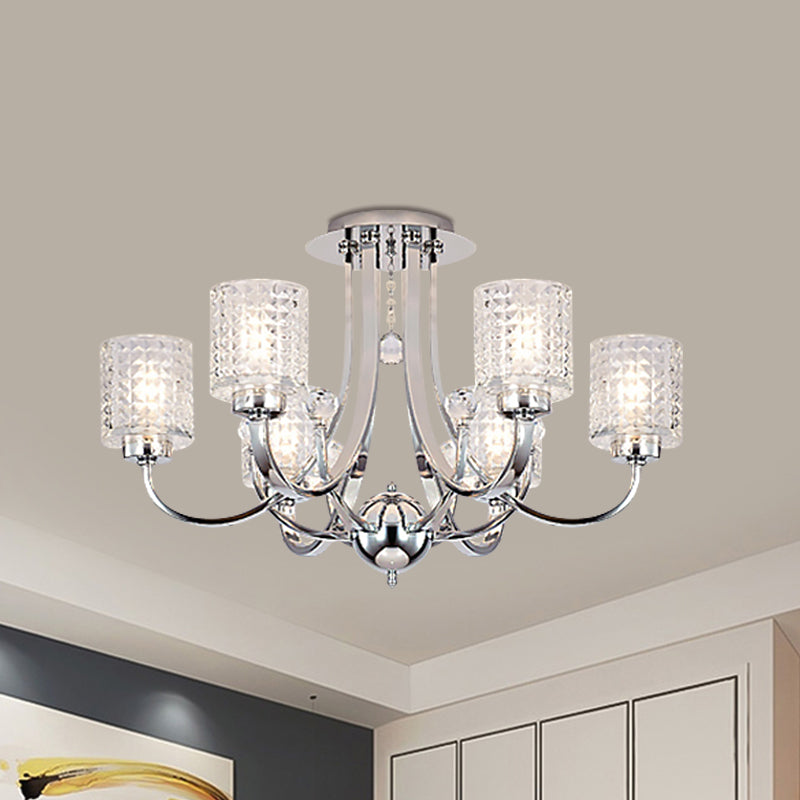 3/4/6 Bulbs Swirling Arm Semi Flush Modern Chrome Metal Ceiling Mounted Fixture with Cylinder Crystal Shade 6 Chrome Clearhalo 'Ceiling Lights' 'Close To Ceiling Lights' 'Close to ceiling' 'Semi-flushmount' Lighting' 1433436