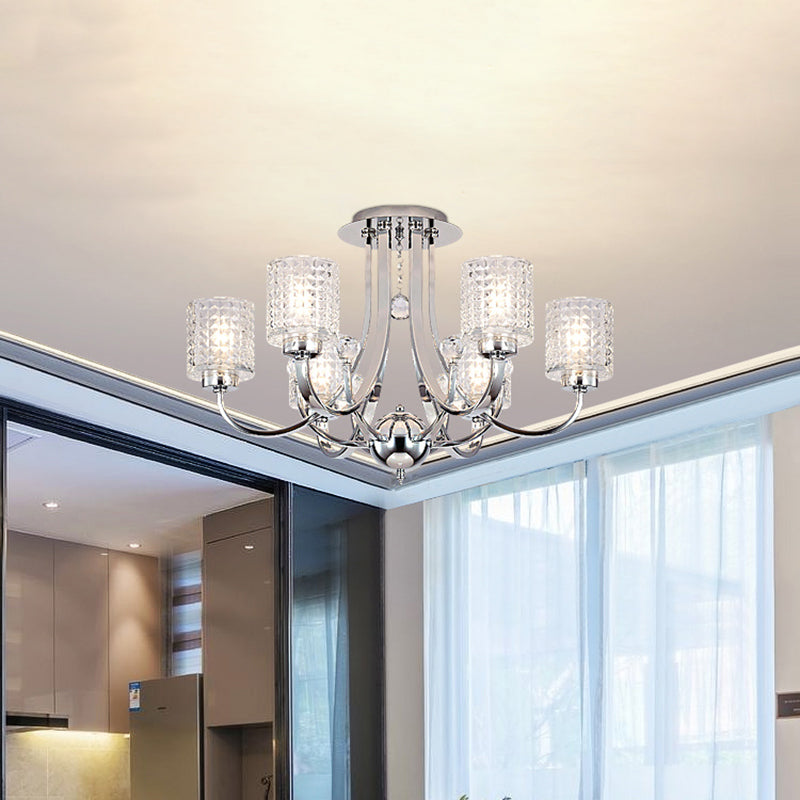 3/4/6 Bulbs Swirling Arm Semi Flush Modern Chrome Metal Ceiling Mounted Fixture with Cylinder Crystal Shade Clearhalo 'Ceiling Lights' 'Close To Ceiling Lights' 'Close to ceiling' 'Semi-flushmount' Lighting' 1433437