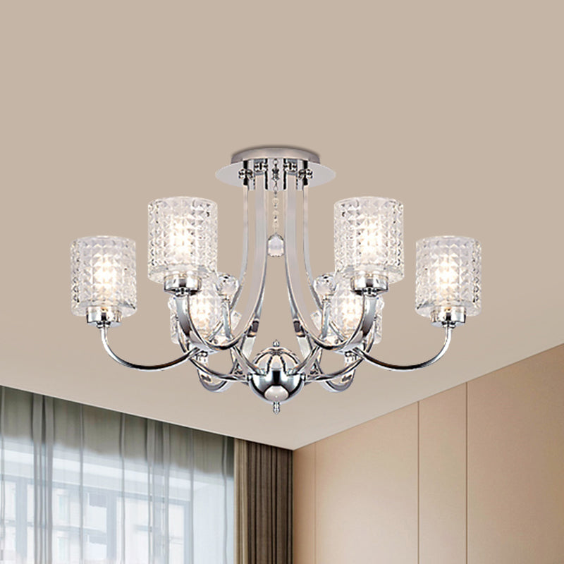 3/4/6 Bulbs Swirling Arm Semi Flush Modern Chrome Metal Ceiling Mounted Fixture with Cylinder Crystal Shade Clearhalo 'Ceiling Lights' 'Close To Ceiling Lights' 'Close to ceiling' 'Semi-flushmount' Lighting' 1433438