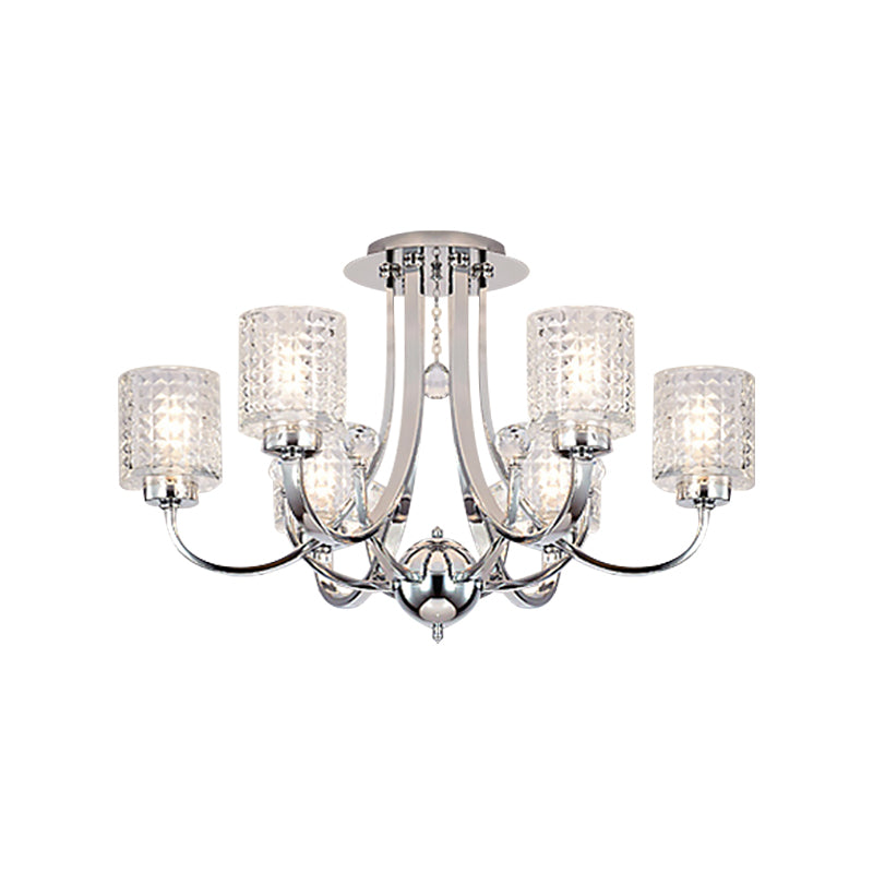 3/4/6 Bulbs Swirling Arm Semi Flush Modern Chrome Metal Ceiling Mounted Fixture with Cylinder Crystal Shade Clearhalo 'Ceiling Lights' 'Close To Ceiling Lights' 'Close to ceiling' 'Semi-flushmount' Lighting' 1433439