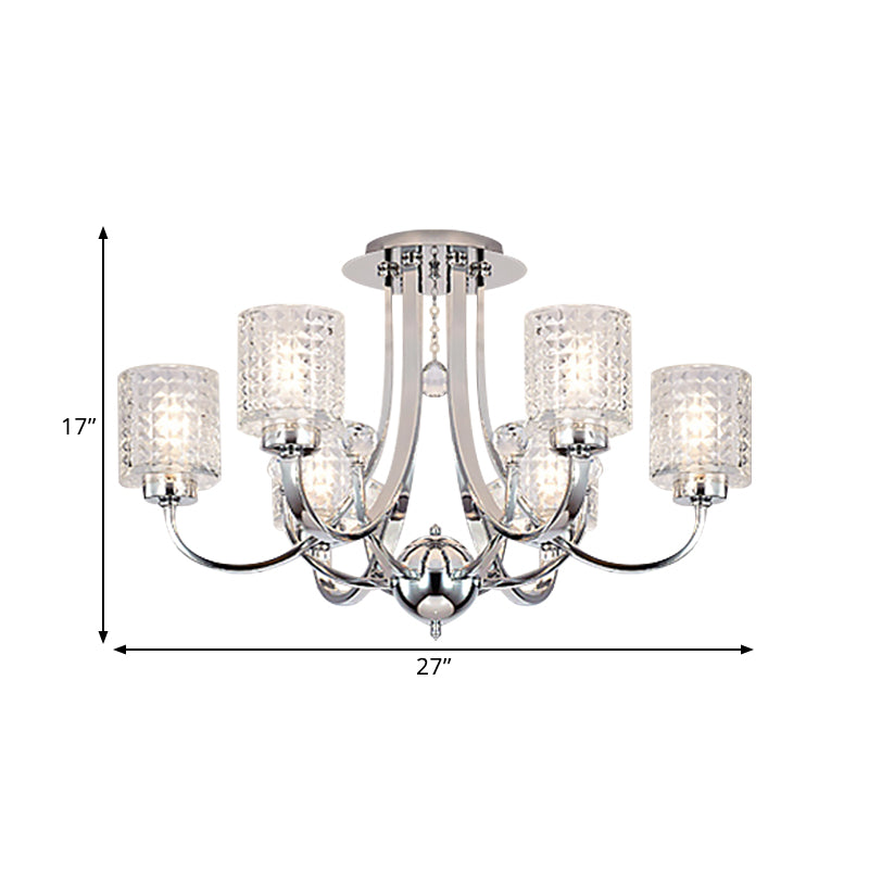 3/4/6 Bulbs Swirling Arm Semi Flush Modern Chrome Metal Ceiling Mounted Fixture with Cylinder Crystal Shade Clearhalo 'Ceiling Lights' 'Close To Ceiling Lights' 'Close to ceiling' 'Semi-flushmount' Lighting' 1433440