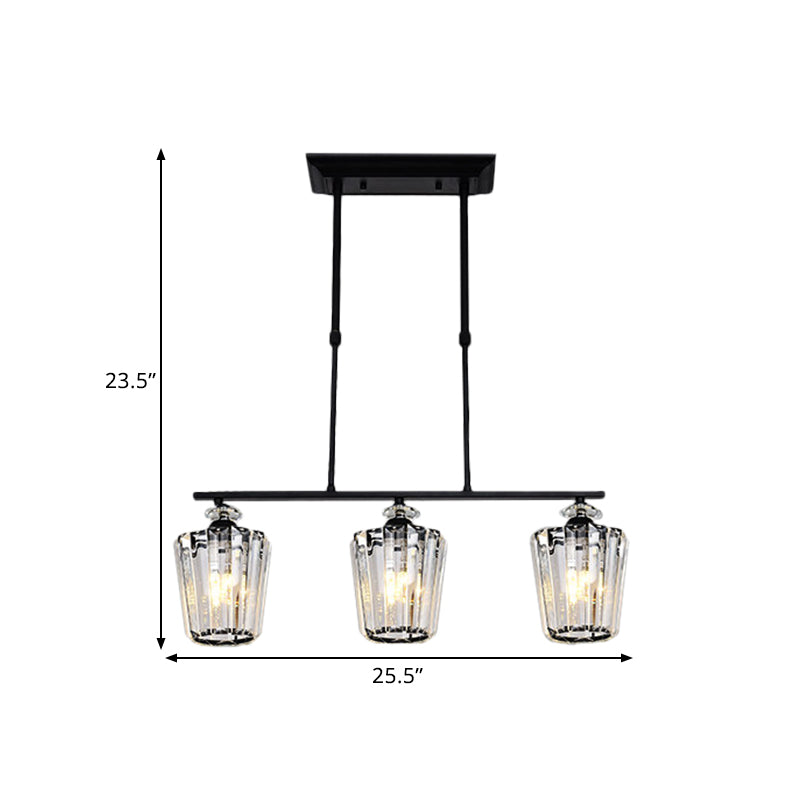 3/4 Heads Linear Island Chandelier Modern Black Metal Hanging Light Fixture with Cylindrical Crystal Shade Clearhalo 'Ceiling Lights' 'Island Lights' Lighting' 1433512