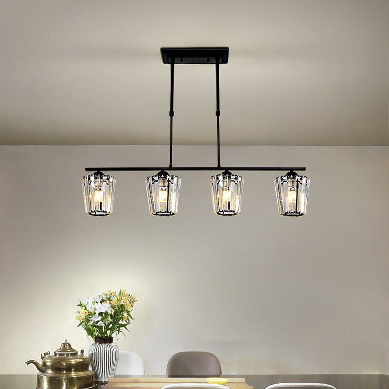 3/4 Heads Linear Island Chandelier Modern Black Metal Hanging Light Fixture with Cylindrical Crystal Shade 4 Black Clearhalo 'Ceiling Lights' 'Island Lights' Lighting' 1433513