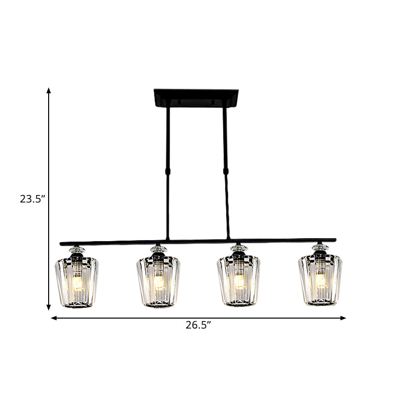3/4 Heads Linear Island Chandelier Modern Black Metal Hanging Light Fixture with Cylindrical Crystal Shade Clearhalo 'Ceiling Lights' 'Island Lights' Lighting' 1433517