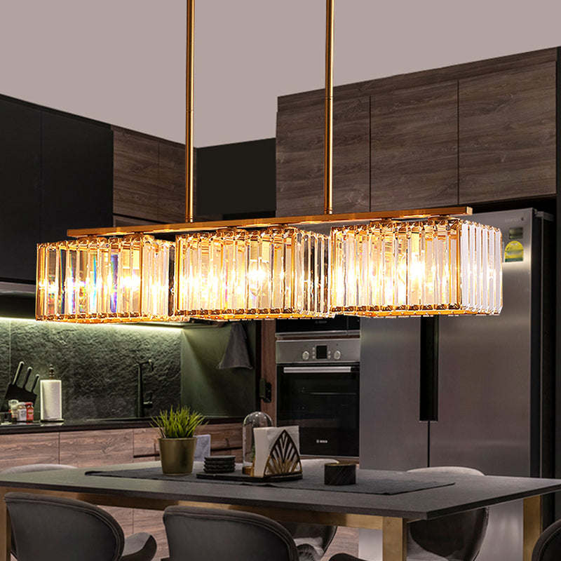 Gold 4/6/8 Bulbs Pendant Lighting Contemporary Metal Linear Island Lamp with Clear Cuboid Crystal Shade for Dinning Room 6 Gold Clearhalo 'Ceiling Lights' 'Island Lights' Lighting' 1433518