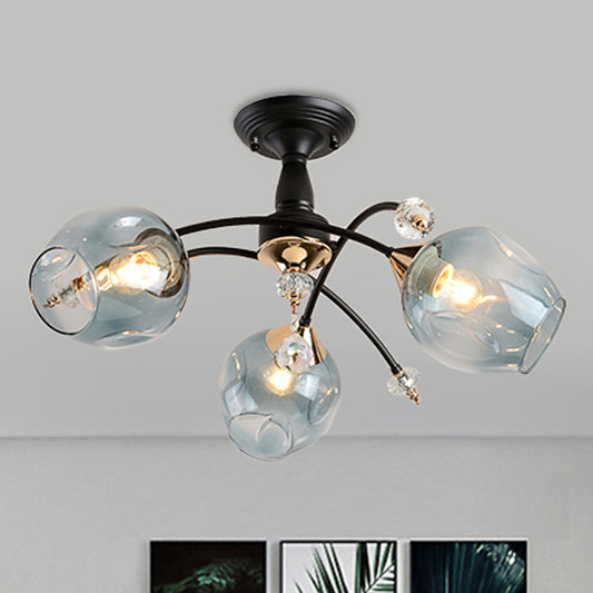 3/6 Lights Bedroom Semi Flush Mount with Cup Shape Amber/Blue Glass Shade Modernist Black Led Semi Flush Ceiling Fixture 3 Blue Clearhalo 'Ceiling Lights' 'Close To Ceiling Lights' 'Close to ceiling' 'Glass shade' 'Glass' 'Pendant Lights' 'Semi-flushmount' Lighting' 1433562