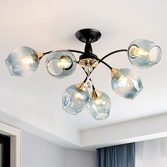 3/6 Lights Bedroom Semi Flush Mount with Cup Shape Amber/Blue Glass Shade Modernist Black Led Semi Flush Ceiling Fixture Clearhalo 'Ceiling Lights' 'Close To Ceiling Lights' 'Close to ceiling' 'Glass shade' 'Glass' 'Pendant Lights' 'Semi-flushmount' Lighting' 1433567