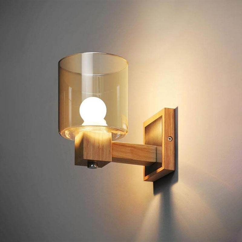 Cognac Glass Cylinder Wall Light Fixture Nordic Style 1 Light Mini Wall Sconce Light in Wood - Clearhalo - 'Cast Iron' - 'Glass' - 'Industrial' - 'Modern wall lights' - 'Modern' - 'Tiffany' - 'Traditional wall lights' - 'Wall Lamps & Sconces' - 'Wall Lights' - Lighting' - 1433680