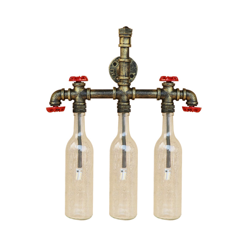 Wrought Iron Bottle Wall Light Antique 3 Lights Living Room Blue/Clear Wall Mounted Lamp with Aged Brass Pipe Clearhalo 'Cast Iron' 'Glass' 'Industrial wall lights' 'Industrial' 'Middle century wall lights' 'Modern' 'Tiffany' 'Traditional wall lights' 'Wall Lamps & Sconces' 'Wall Lights' Lighting' 143369