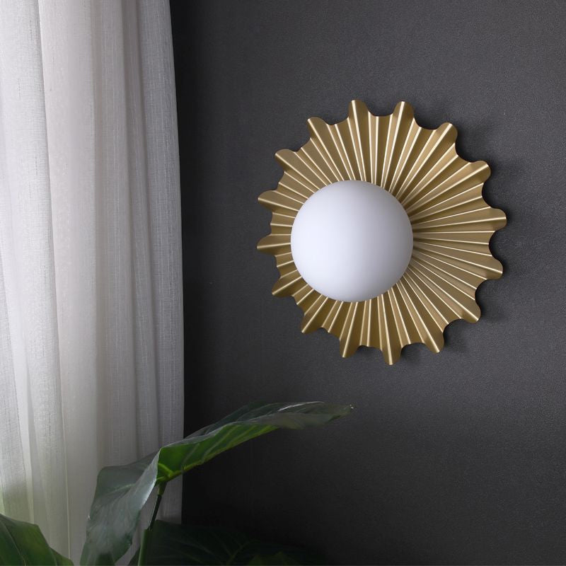 White Glass Sphere Wall Light with Brass Scalloped Backplate 1 Heads Modern Wall Mounted Light Clearhalo 'Cast Iron' 'Glass' 'Industrial' 'Modern wall lights' 'Modern' 'Tiffany' 'Traditional wall lights' 'Vanity Lights' 'Wall Lights' Lighting' 1433692