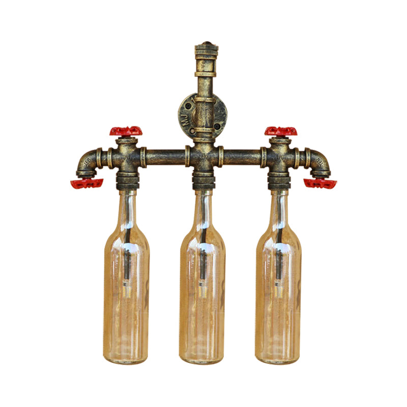 Wrought Iron Bottle Wall Light Antique 3 Lights Living Room Blue/Clear Wall Mounted Lamp with Aged Brass Pipe Clearhalo 'Cast Iron' 'Glass' 'Industrial wall lights' 'Industrial' 'Middle century wall lights' 'Modern' 'Tiffany' 'Traditional wall lights' 'Wall Lamps & Sconces' 'Wall Lights' Lighting' 143373