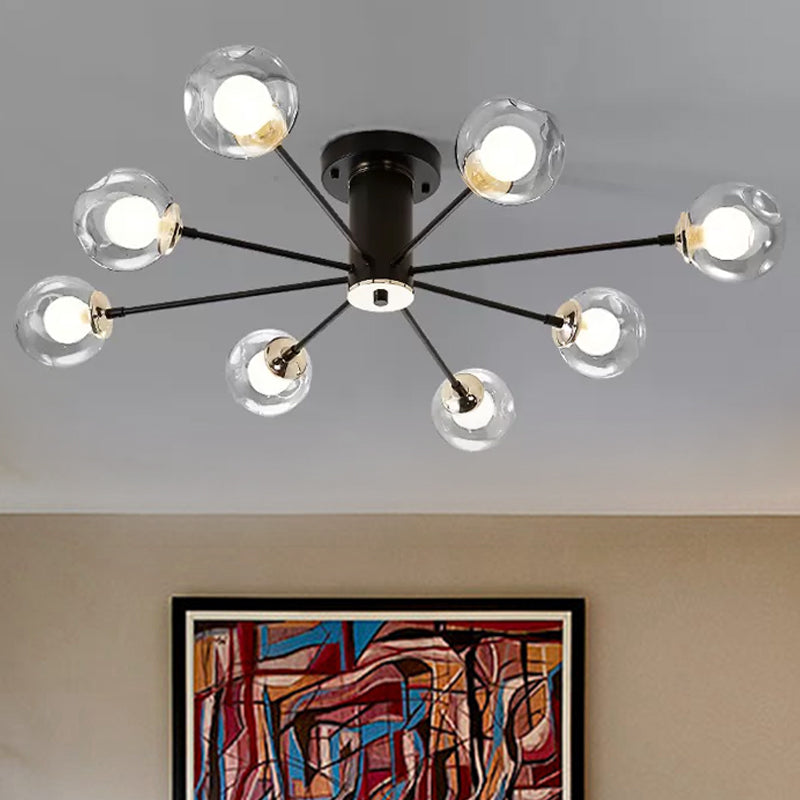 Iron Sputnik Ceiling Mounted Lamp Modern 8/10 Lights Black/White Semi Flush Pendant with Clear Glass Shade Clearhalo 'Ceiling Lights' 'Close To Ceiling Lights' 'Close to ceiling' 'Glass shade' 'Glass' 'Semi-flushmount' Lighting' 1433746
