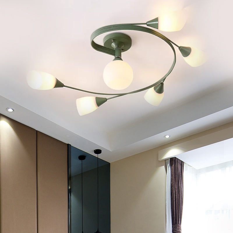 Curly Semi Flush Mount Light Nordic Iron 4/6-Head Grey/Pink/Yellow Ceiling Lamp with White Glass Shade Clearhalo 'Ceiling Lights' 'Chandeliers' 'Close To Ceiling Lights' 'Close to ceiling' 'Glass shade' 'Glass' 'Semi-flushmount' Lighting' 1433754