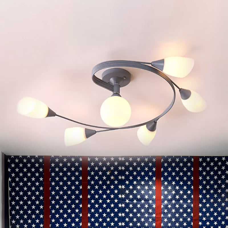Curly Semi Flush Mount Light Nordic Iron 4/6-Head Grey/Pink/Yellow Ceiling Lamp with White Glass Shade Clearhalo 'Ceiling Lights' 'Chandeliers' 'Close To Ceiling Lights' 'Close to ceiling' 'Glass shade' 'Glass' 'Semi-flushmount' Lighting' 1433757